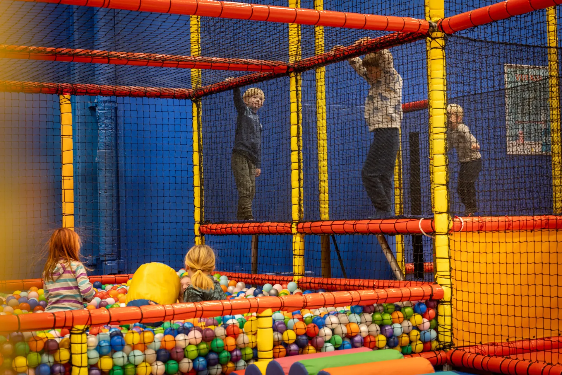 En gruppe barn leker i en ballgrop.