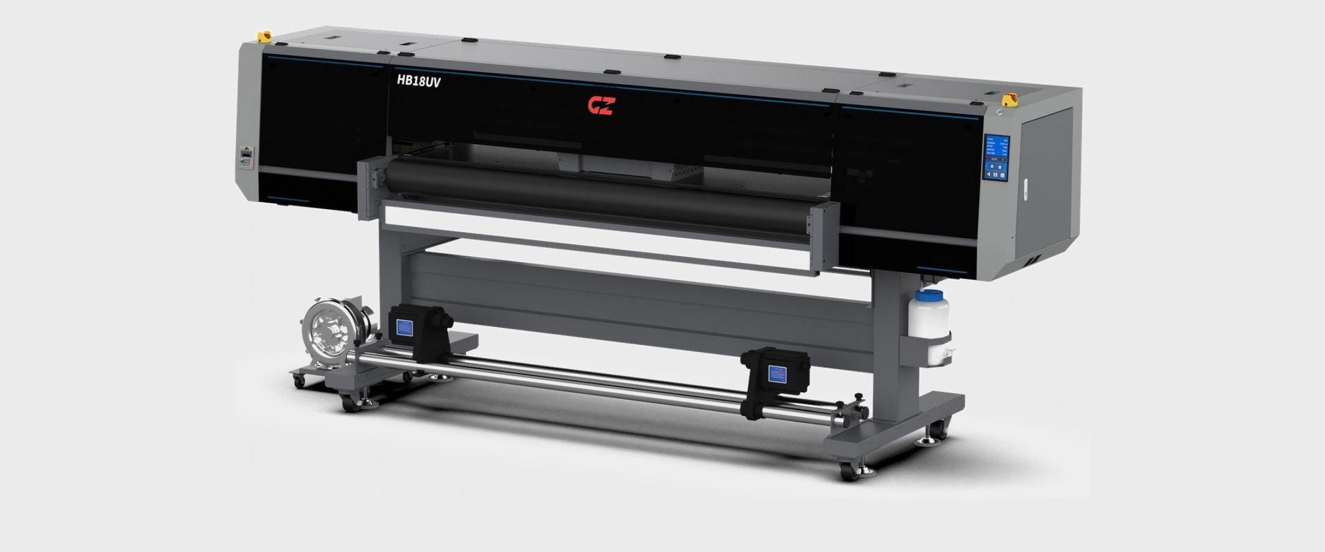 The HB18UV UV belt printer, front on, shown in full on a light grey background