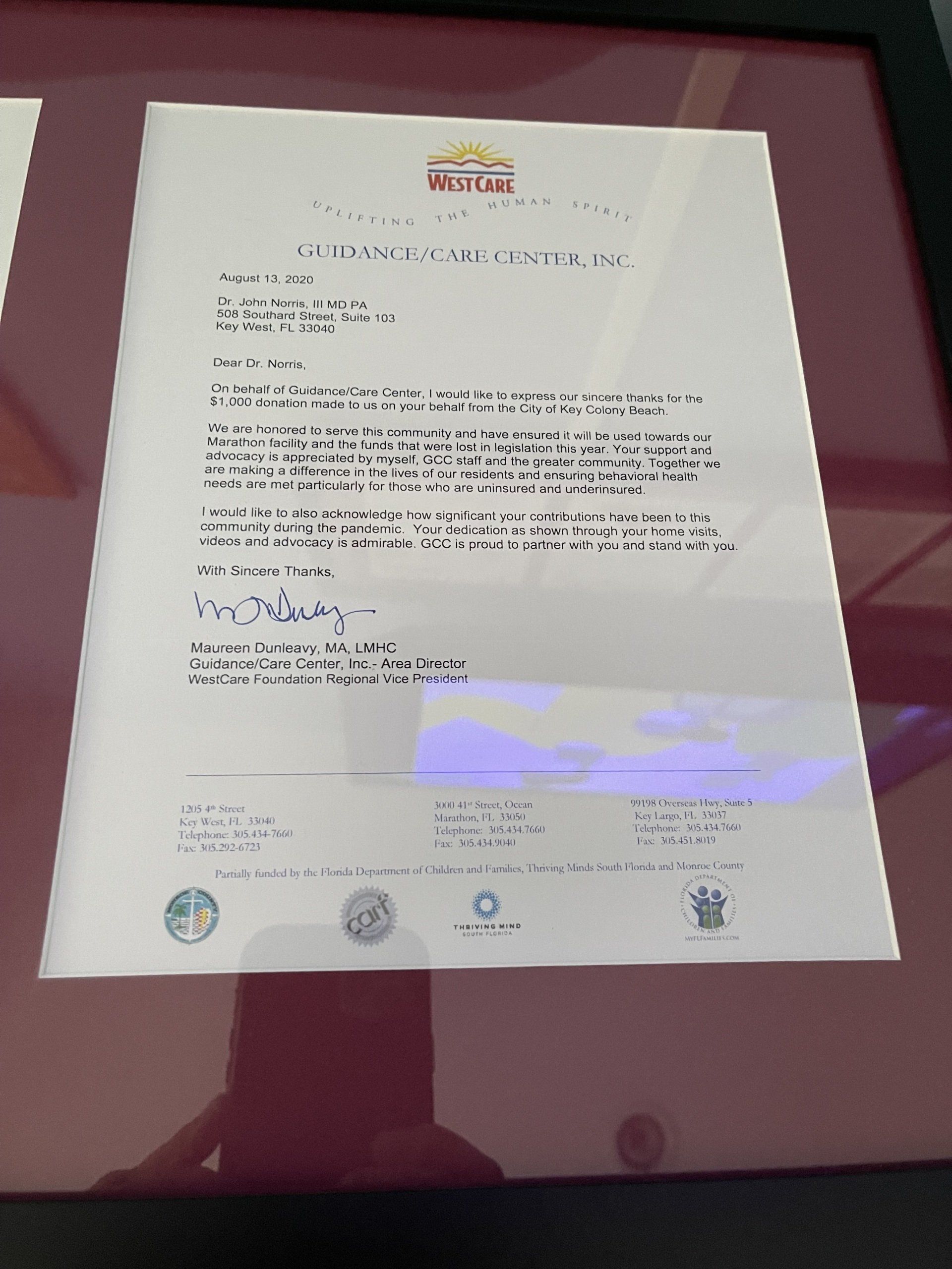 Letter of recognition from the Guidance Care Center. 