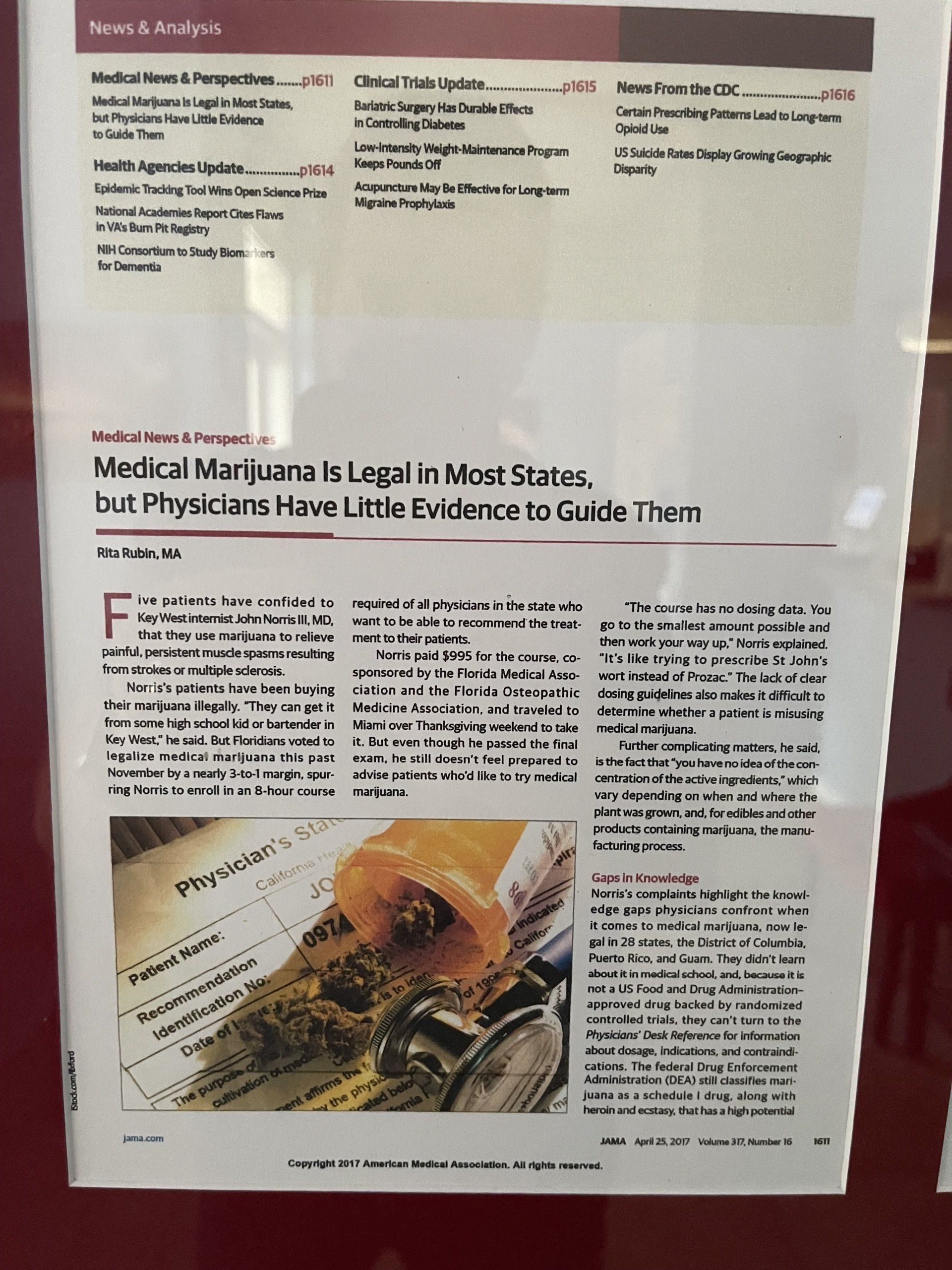 Article about medical marijuana being legal in most states, with a close-up of cannabis and a prescription bottle.