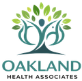 Oakland Health Associates logo with teal tree and leaf figures