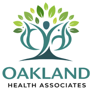 Oakland Health Associates logo with teal tree and leaf figures