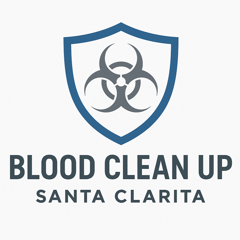 Logo for Blood Clean Up Santa Clarita, featuring a blue shield with a biohazard symbol inside.