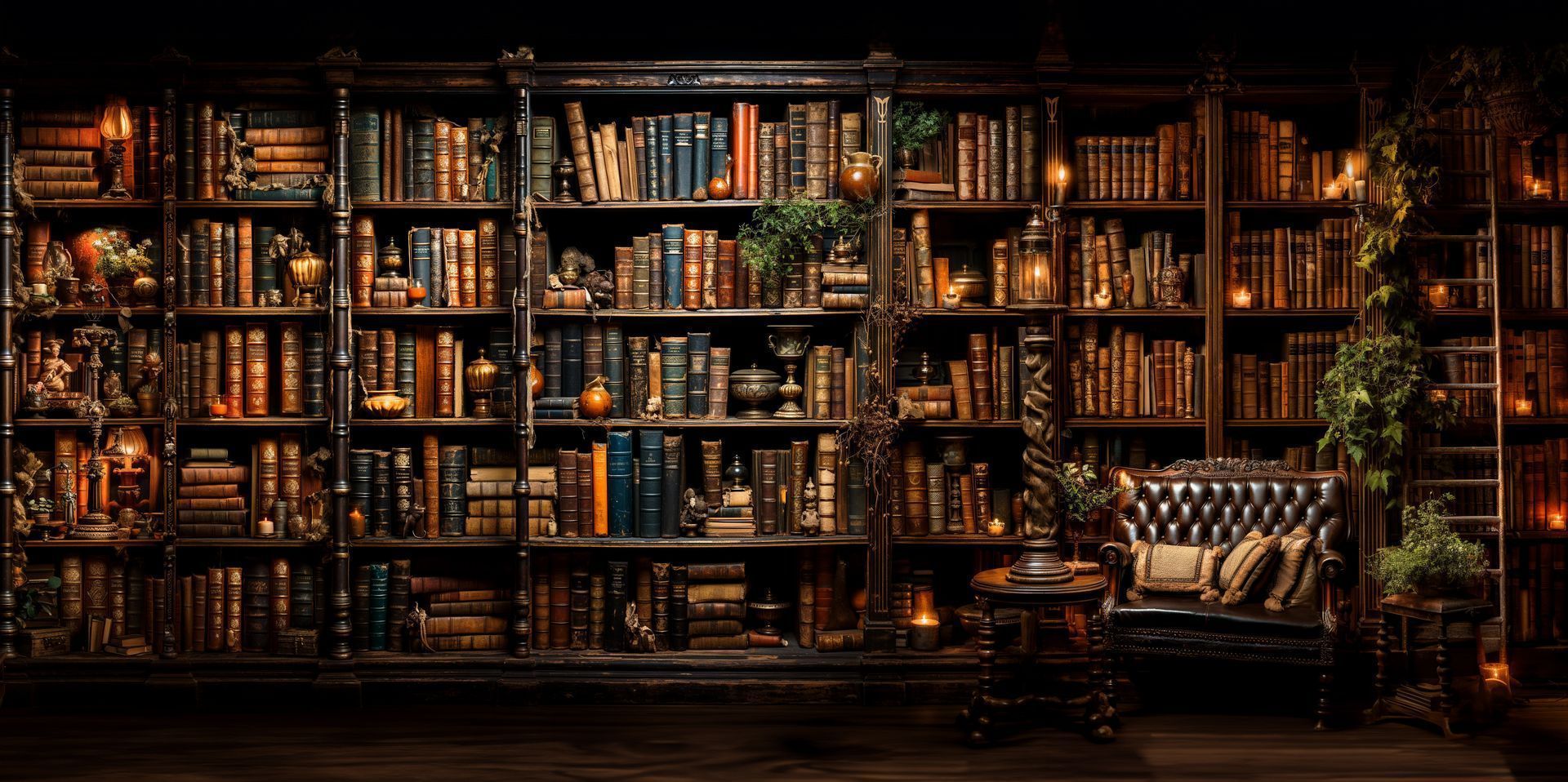 A dimly lit library with shelves filled with vintage books, decorative items, and soft lighting. An antique leather chair with a small table holding a few books is placed in the foreground.