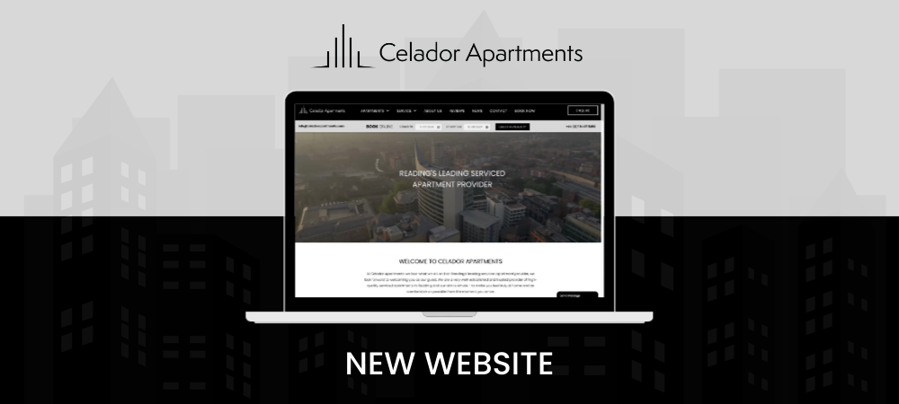 A laptop screen displaying the new website for Ceador Apartments against a stylized city skyline background.