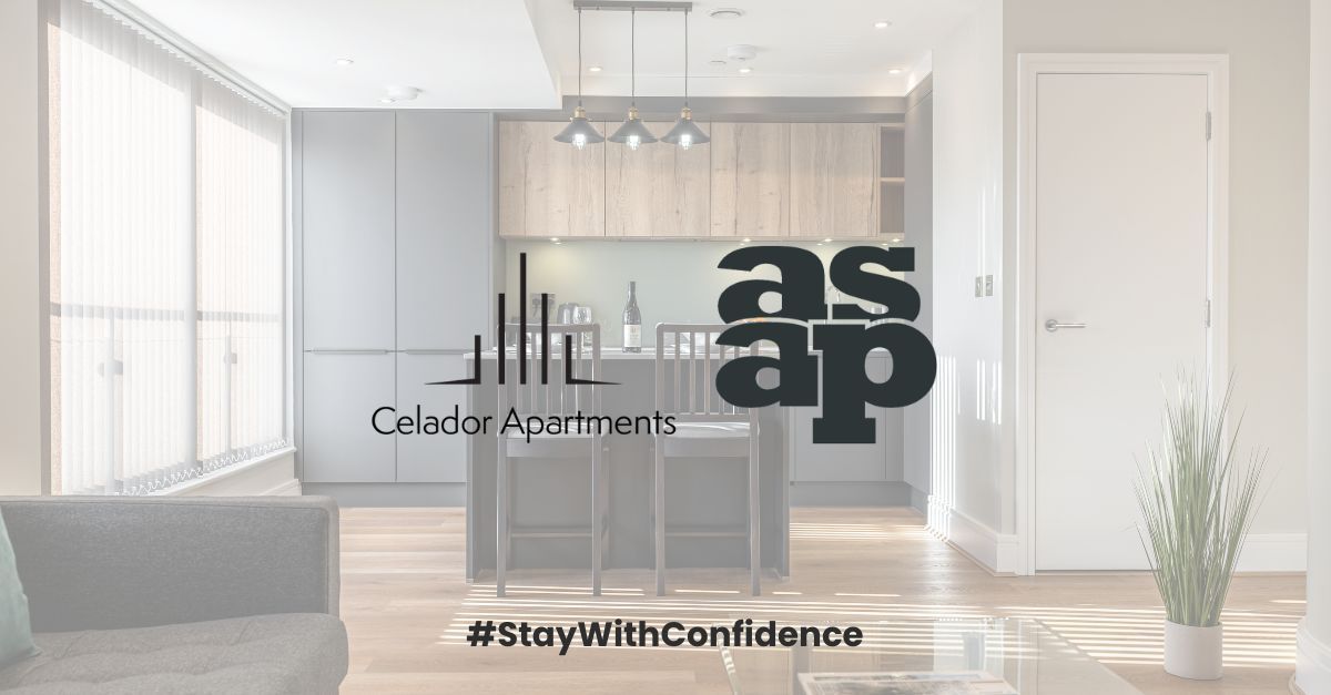 A bright, modern kitchen with light wood cabinets and a breakfast bar, overlaid with the Celador Apartments logo and slogan.