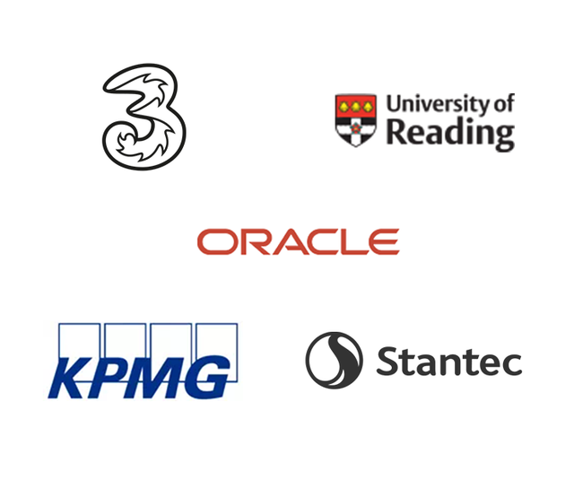 Logos of 3, University of Reading, Oracle, KPMG, and Stantec arranged in a grid.