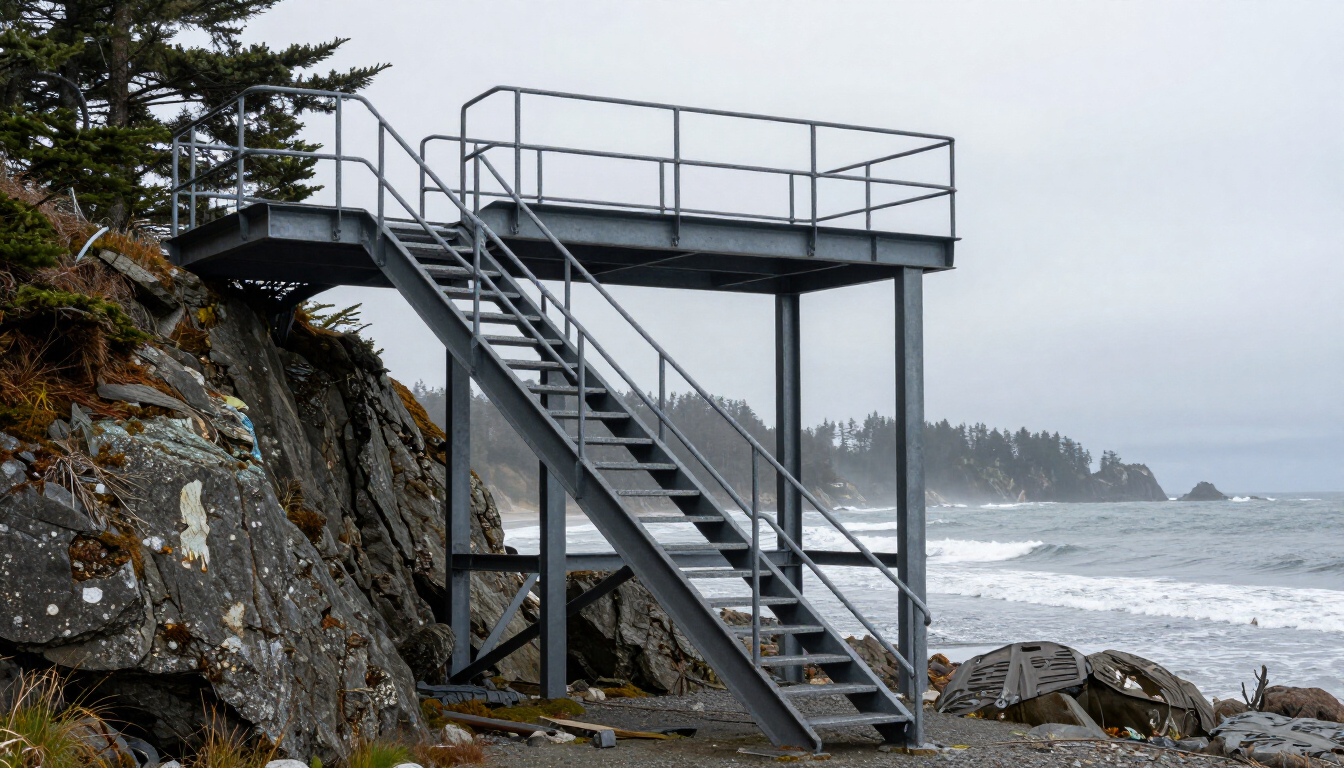 Steel staircase on coastal bluff