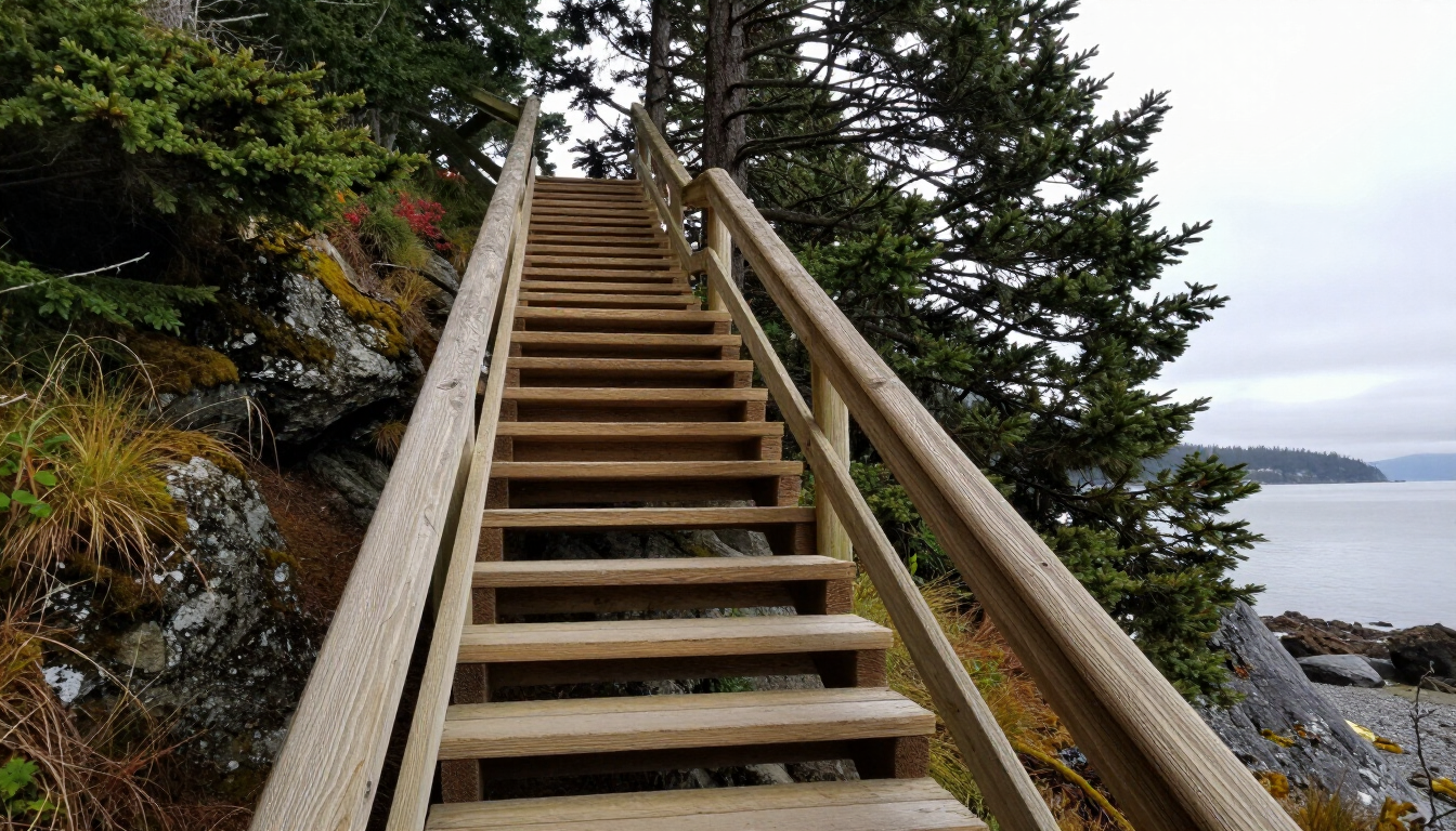Treated timber beach staircase on forested coastal bluff
