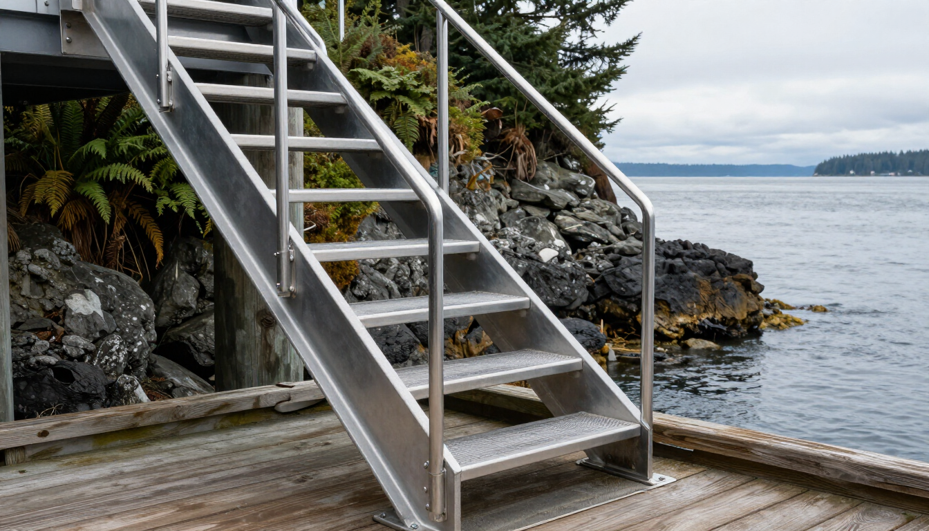 Steel staircase with integrated lower dock landing