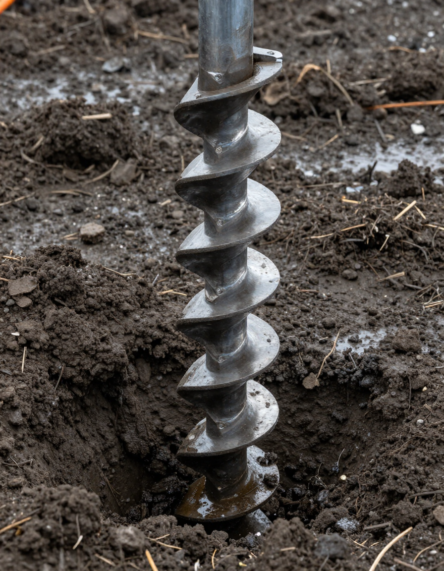 Helical anchor shaft being torqued into coastal soil showing helix plates