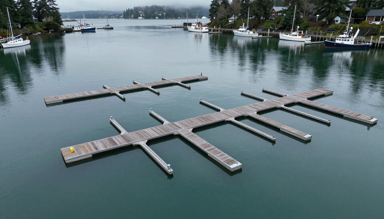Custom commercial dock with finger piers aerial view