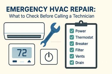 Emergency HVAC repair checklist with AC unit, thermostat, wrench, and maintenance items highlighted