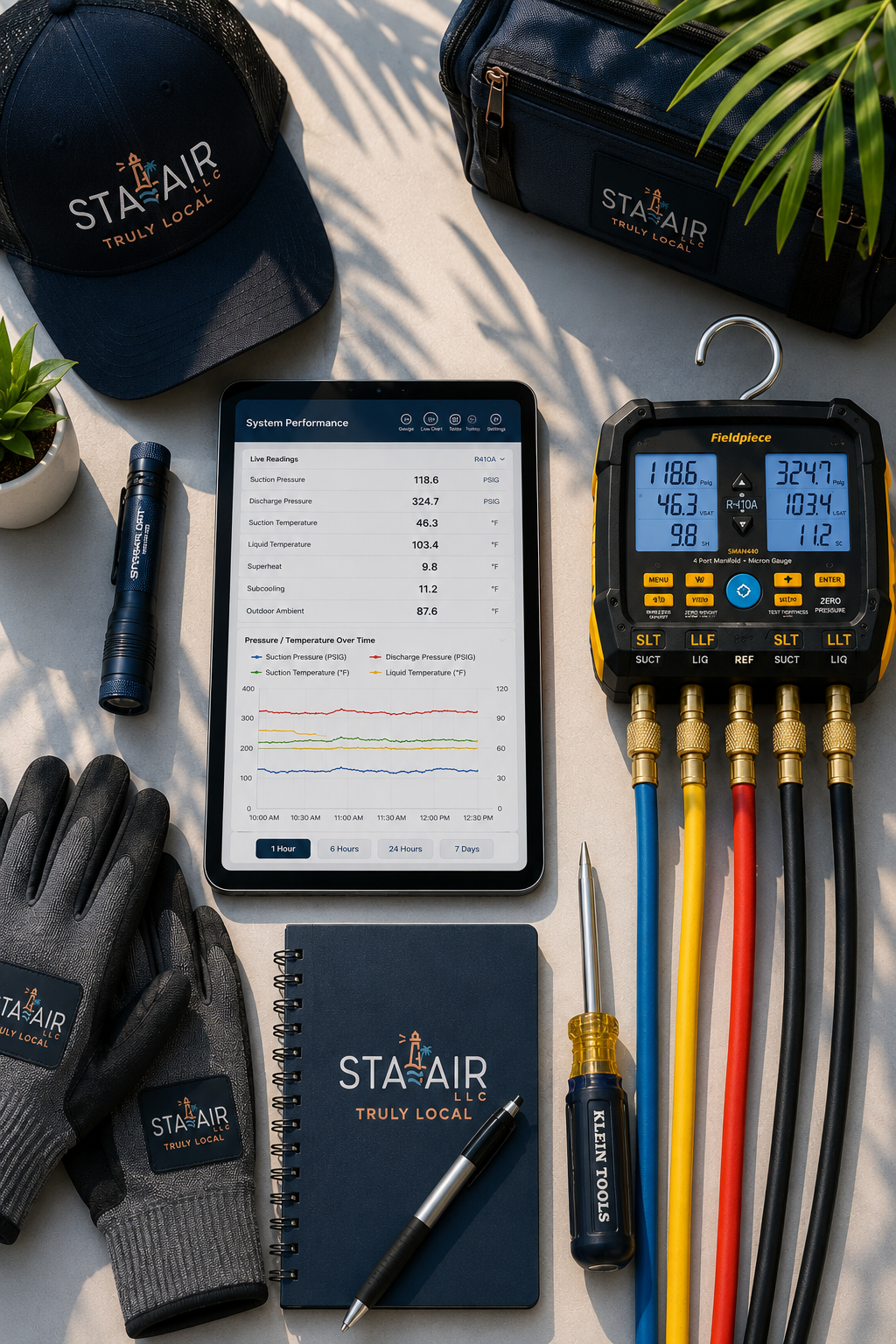 Star Air service kit with tablet, gauges, tools, hats, and gloves on a dark surface
