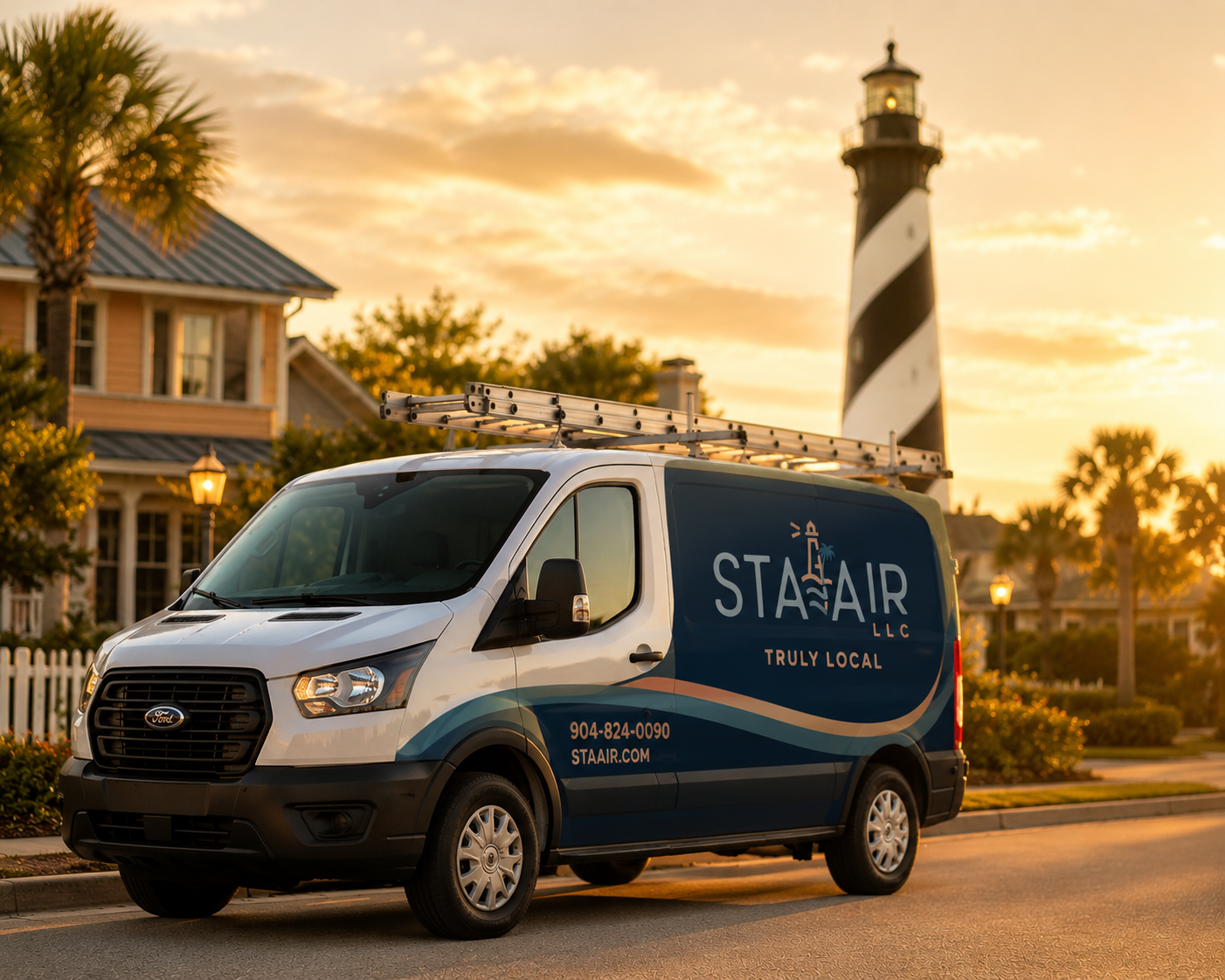 Blue STA_AIR van parked near a striped lighthouse at sunset, with houses and palm trees nearby