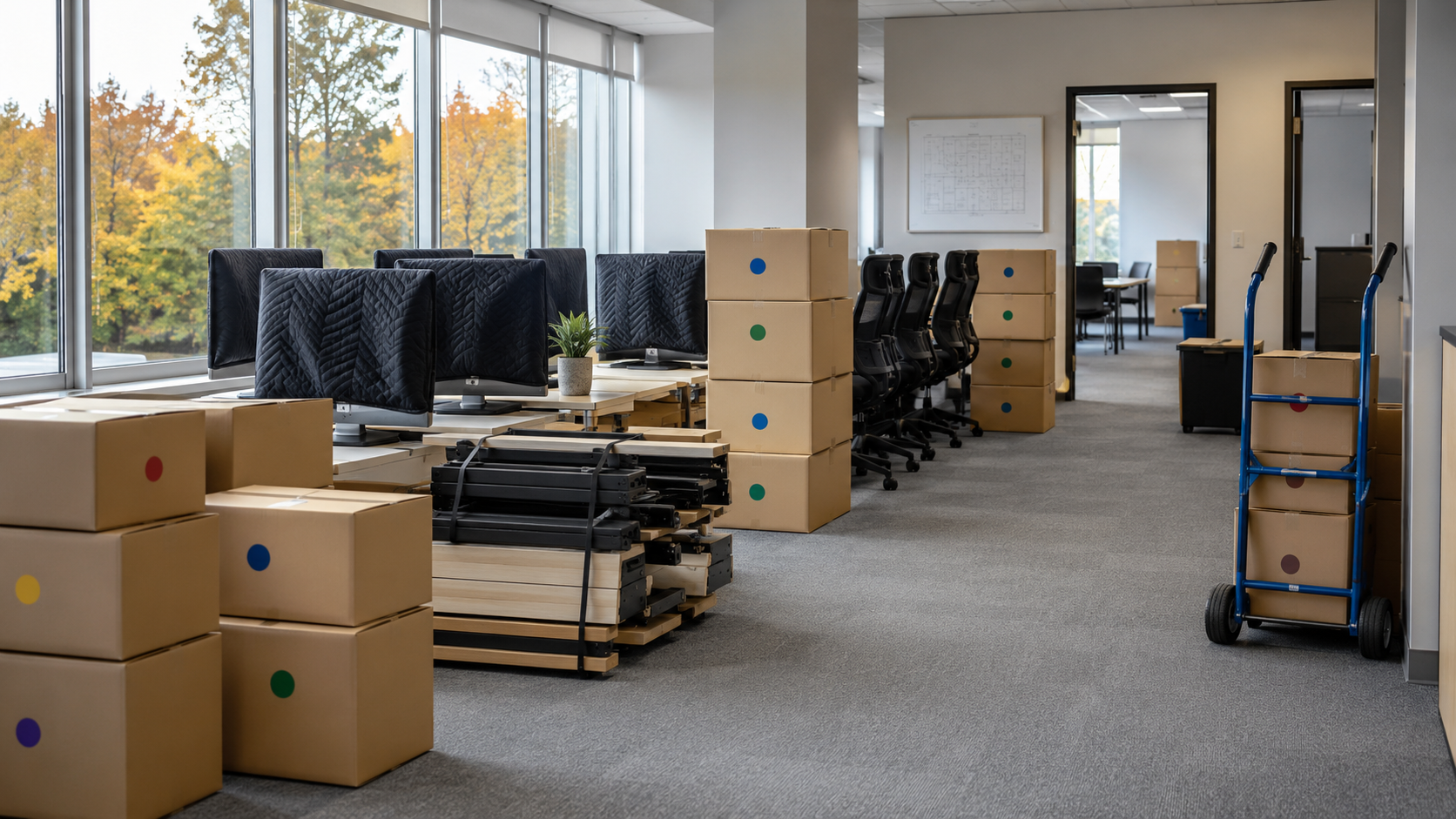Organized office move with packed equipment and labeled boxes before fall