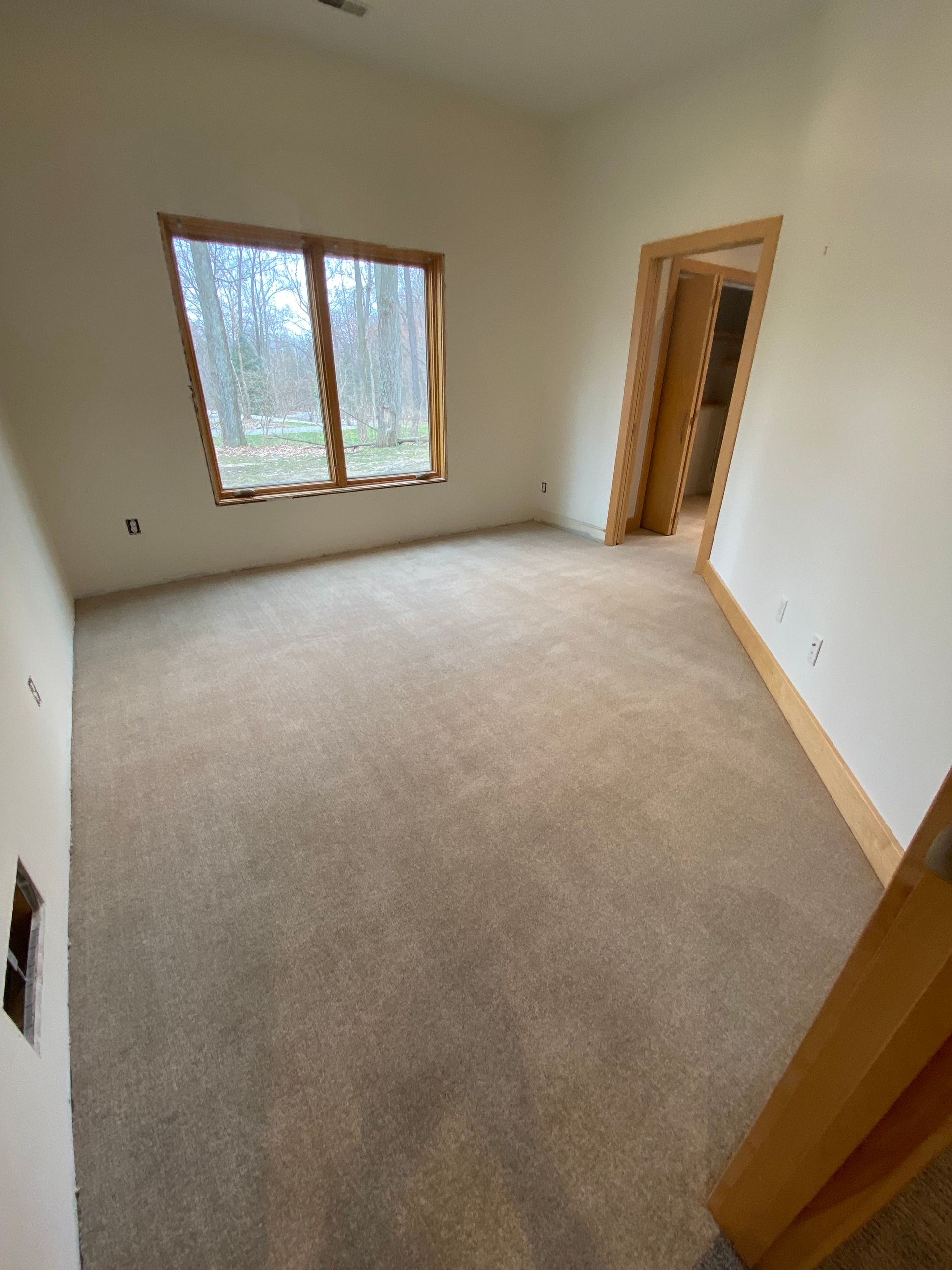 Empty beige bedroom with carpet, a window, and an open doorway leading to a hall.