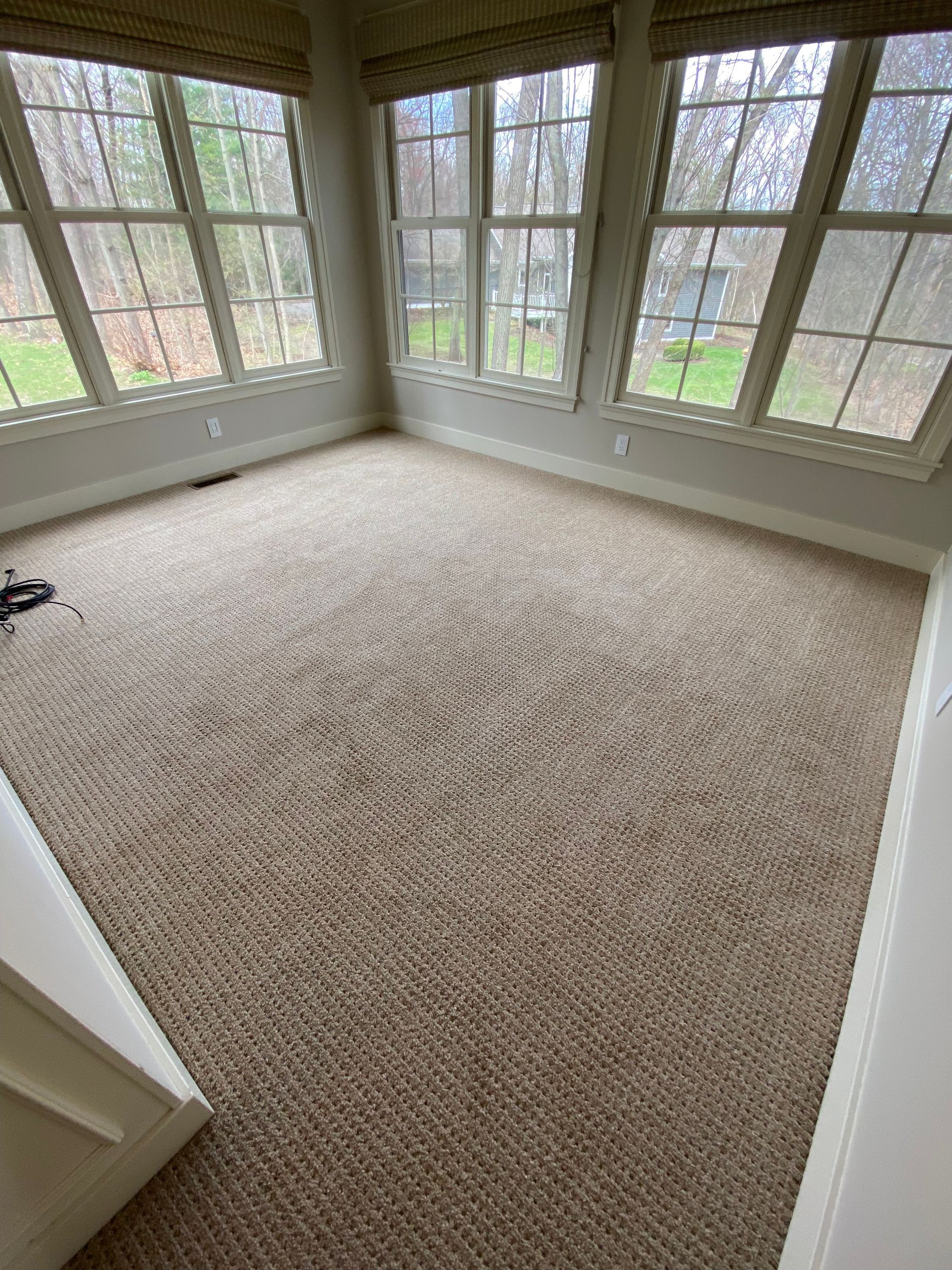 Empty sunroom with beige carpet and large windows letting in natural light