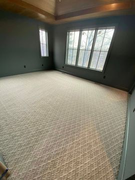 Empty carpeted room with dark walls, wood trim, and two windows with blinds.