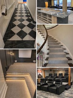 Collage of modern interiors: black-and-white tiled hall, granite bar, curved staircase, lit steps, and home theater seats