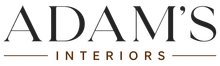 ADAM&rsquo;S INTERIORS logo in black serif text with thin gold lines on a white background