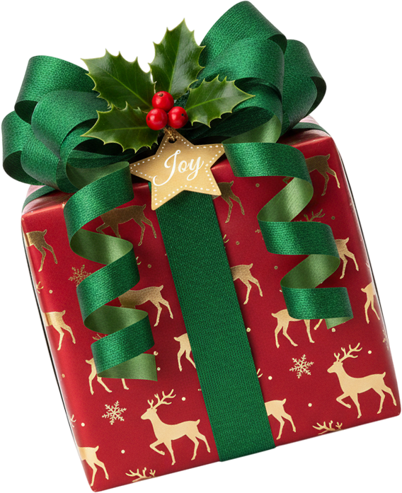 Christmas gift wrapped in red reindeer paper, green ribbon with a bow and