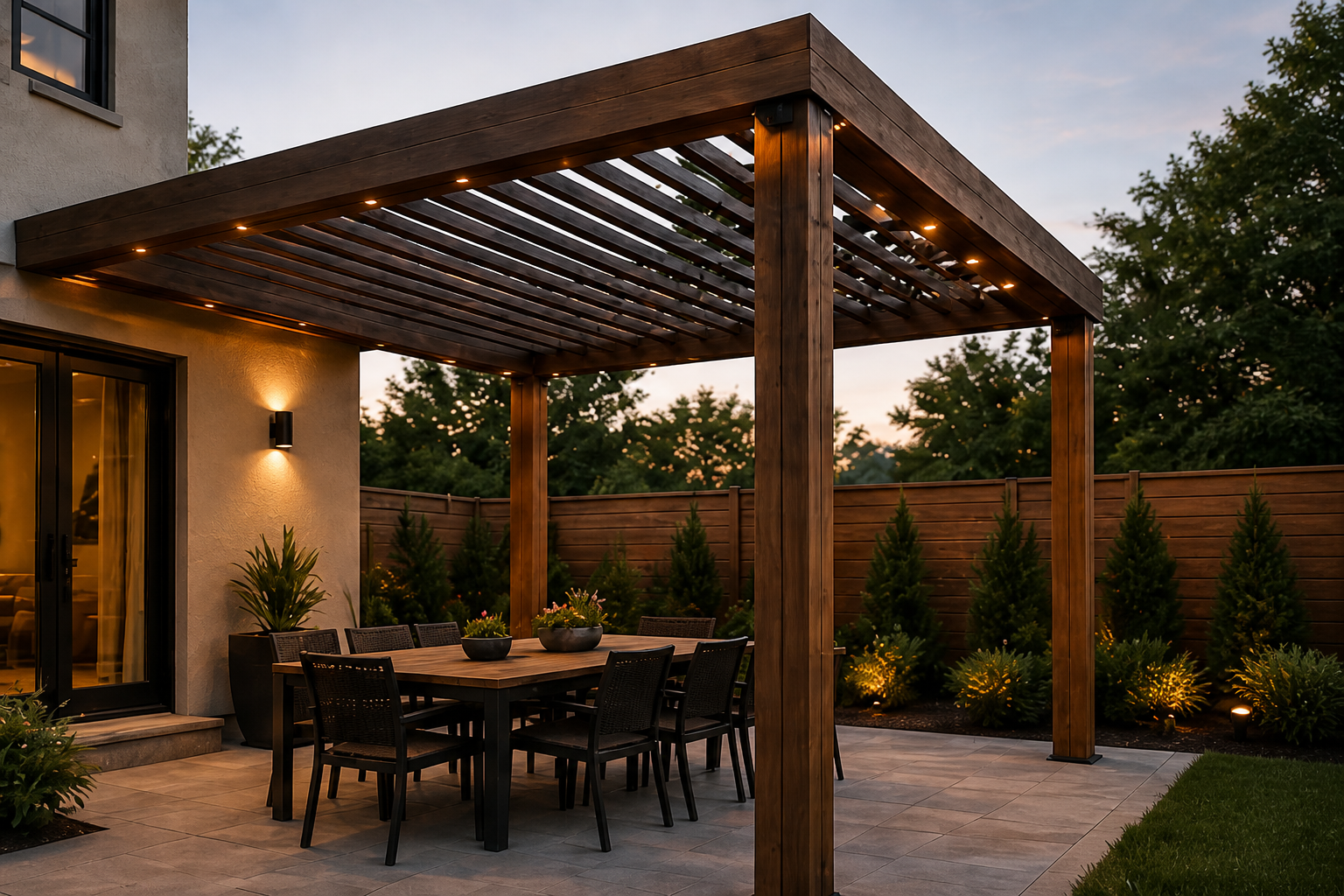Modern backyard patio with pergola, dining table, and warm lighting at dusk