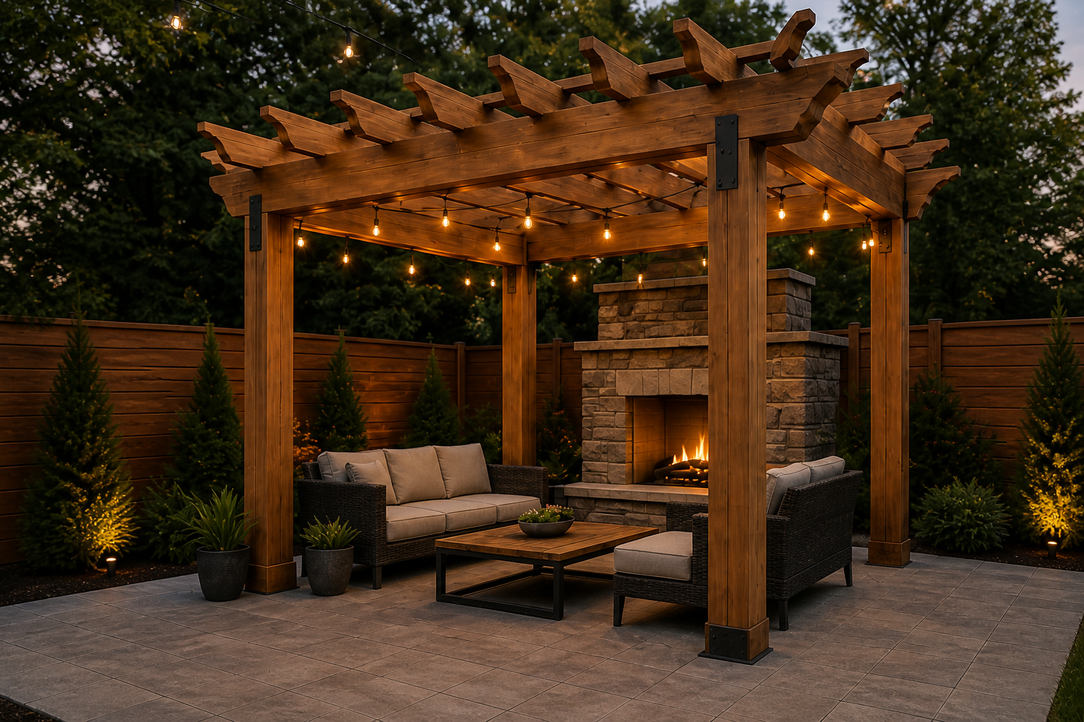 Cozy outdoor patio with a wooden pergola, string lights, sectional seating, and a lit fire pit at dusk