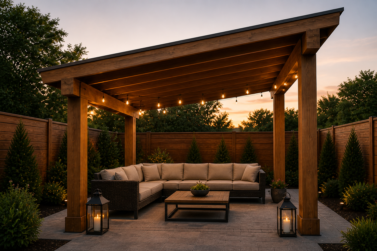 Cozy outdoor patio with sectional sofa under a wooden pergola, warm string lights, and lanterns at sunset
