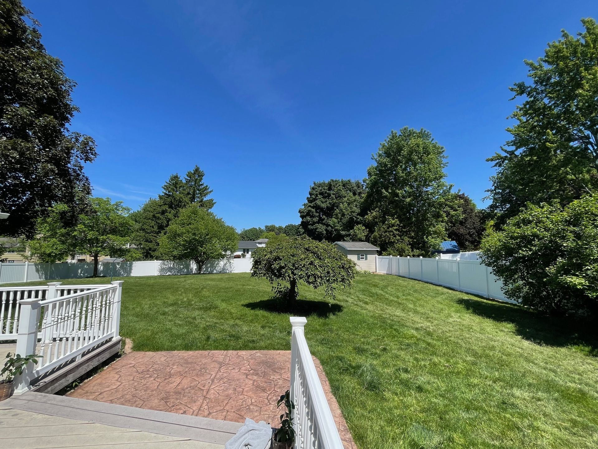A lush green yard with a white fence and trees