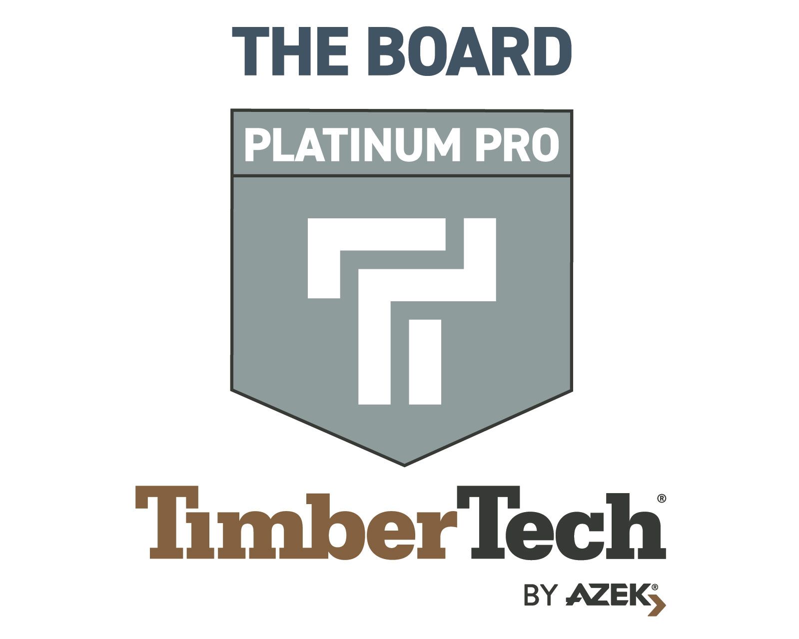 TimberTech Platinum Pro logo. Shield with stylized T, "THE BOARD" above, "TimberTech" below, by Azek.