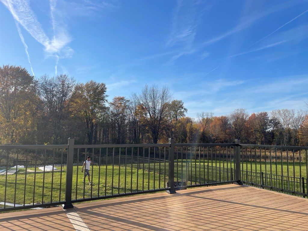 A sunny outdoor view from a patio, showing a person in a grassy yard behind a black fence, with trees and blue sky.