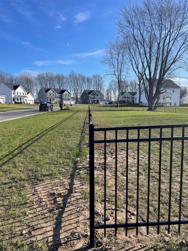Black metal fence in front of grassy area with houses and blue sky in the background.