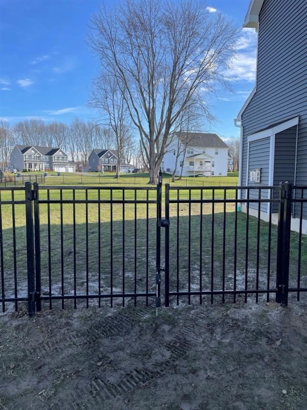 Black metal fence with a gate in front of a residential yard. Blue sky and houses in the background.