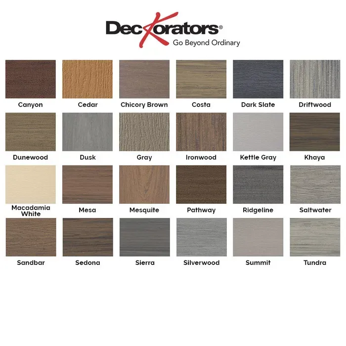 Wood and deck stain color swatches with labels, including canyon, cedar, gray, silverwood, and tundra
