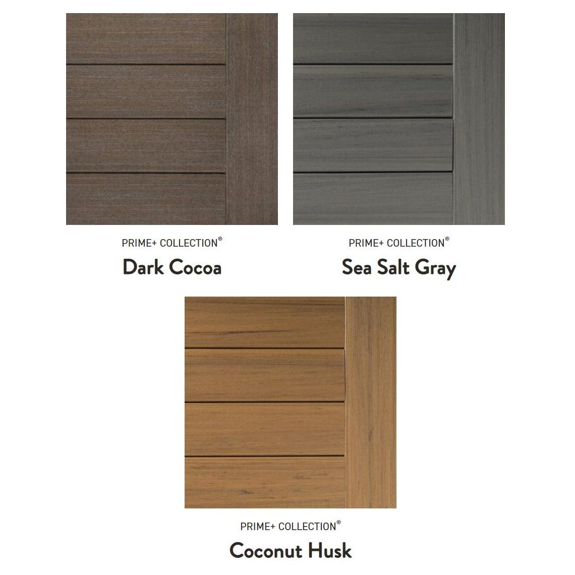 Three siding color samples labeled Dark Cocoa, Sea Salt Gray, and Coconut Husk on a white background