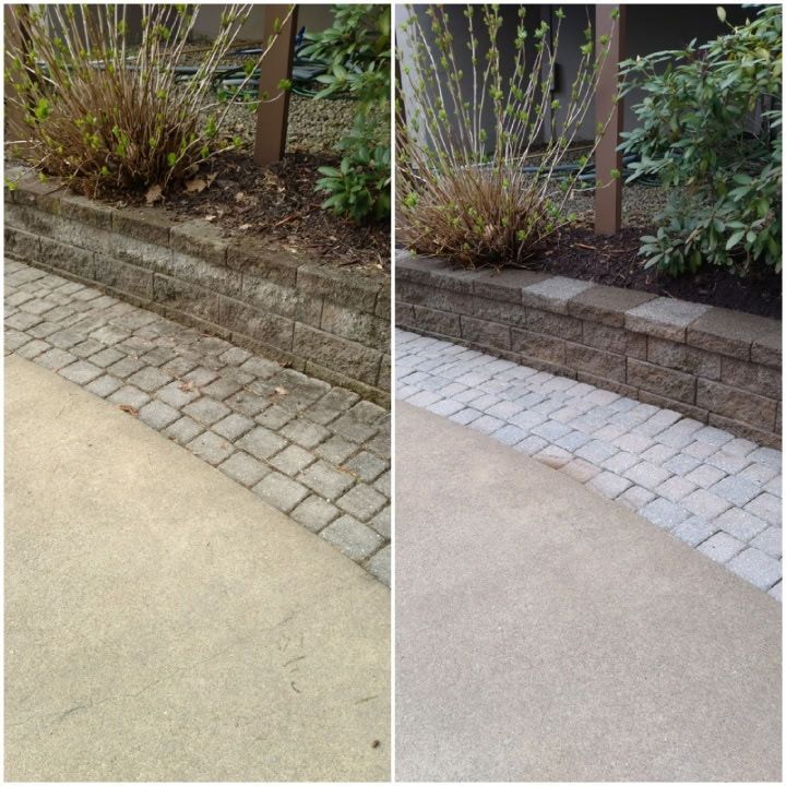 Before-and-after view of a brick retaining wall and walkway beside shrubs, showing two surface finishes.