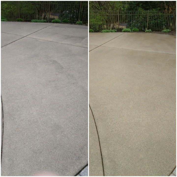 Side-by-side view of a concrete driveway, showing a cooler gray tone on the left and warmer beige on the right.