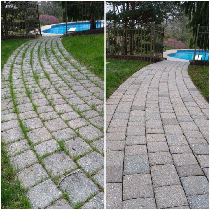 Side-by-side paving: cracked grass-filled stones vs smooth gray pavers beside a pool.
