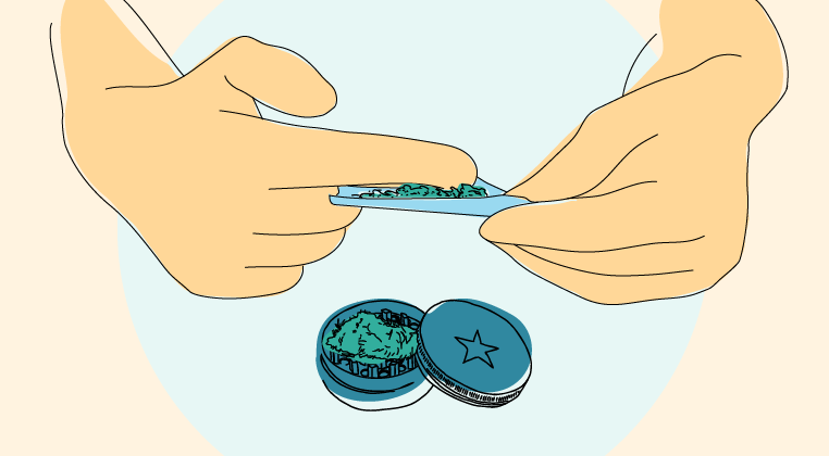 Hands open a small round blue container with green cannabis inside on a light background. illustration/cartoon