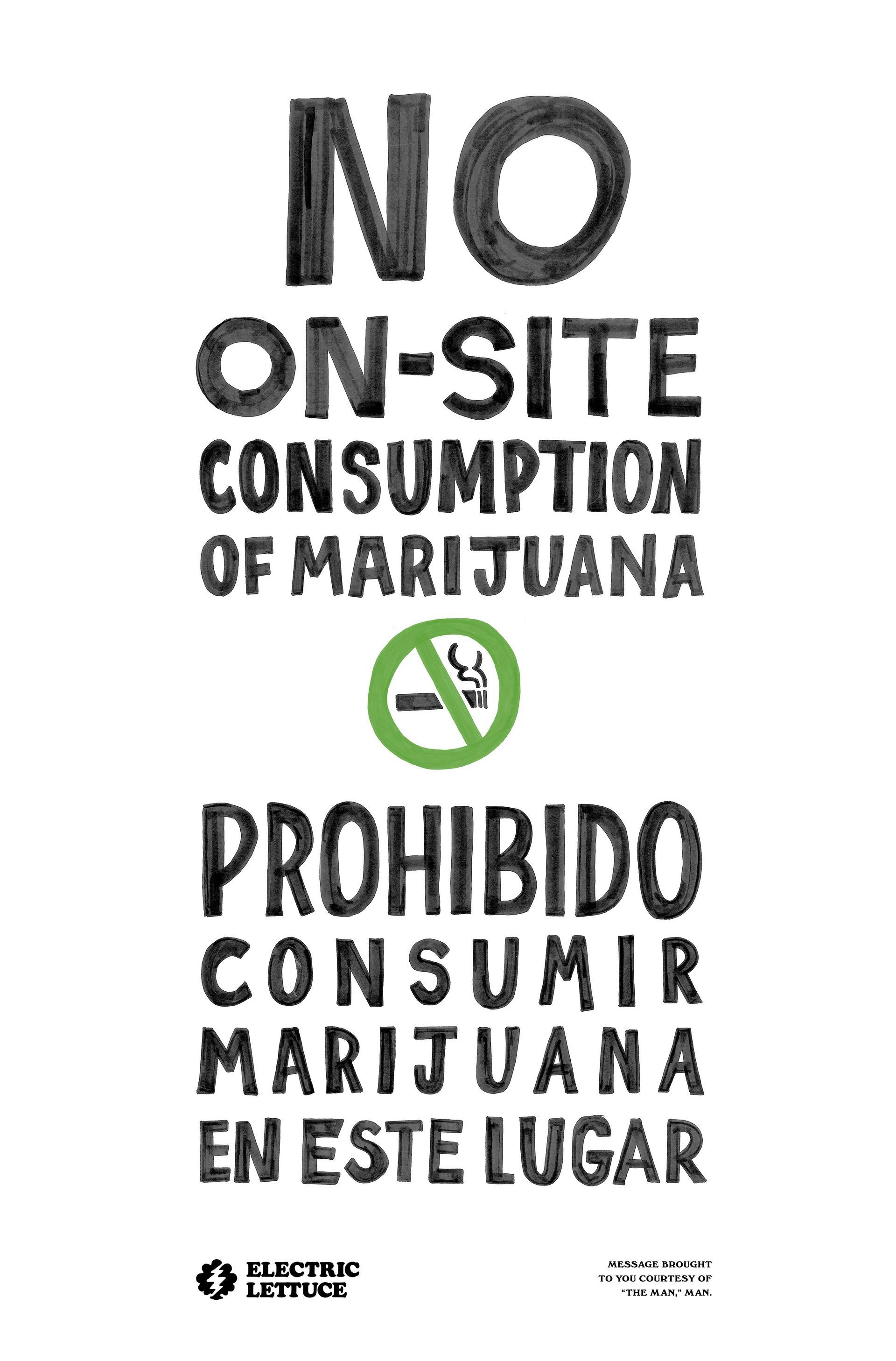 No on-site consumption of marijuana sign, with English and Spanish text and no-smoking symbol