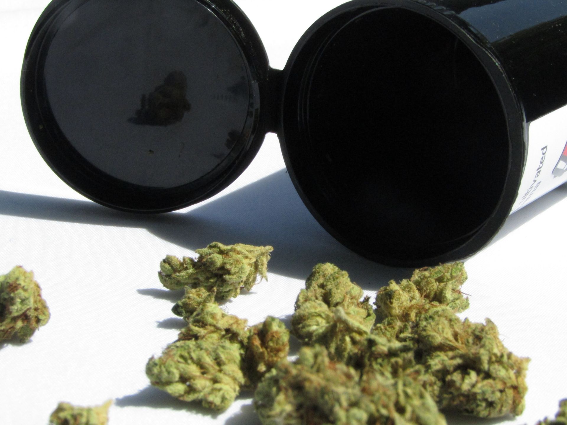 Scattered green buds beside two open black cylindrical containers on a white surface