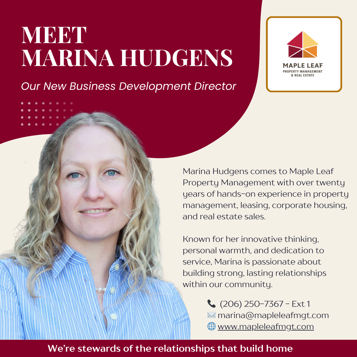 An advertisement introduces Marina Hudgens, new Business Development Director for Maple Leaf.