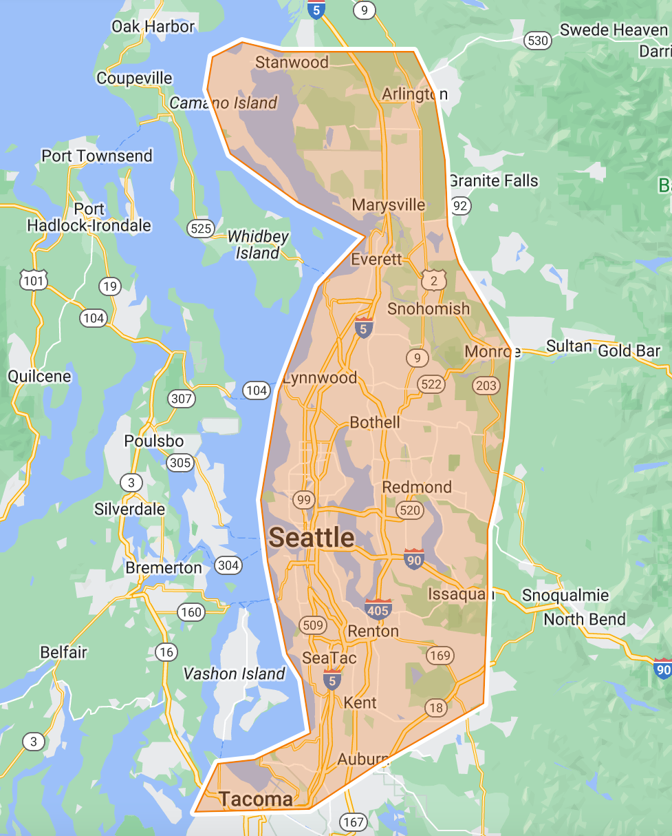 Map of Seattle and surrounding areas, highlighted in orange. Includes cities like Tacoma, Bellevue, and Everett.