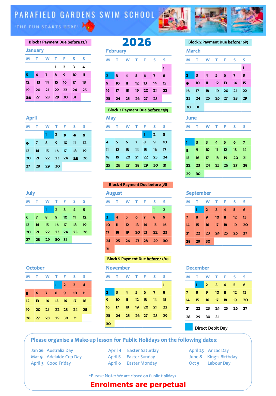 2026 calendar from Parafield Gardens Swim School, with monthly class schedules and key dates highlighted in various colours.