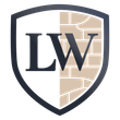 Shield logo with gold border, split; gold