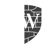 Shield logo with gold border, split; gold