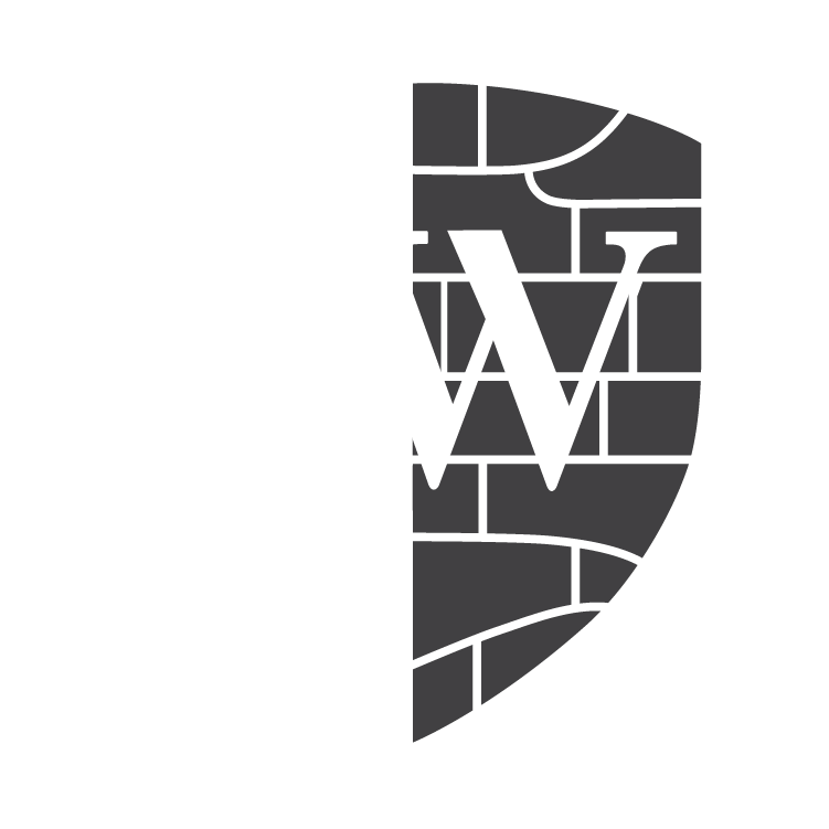 Shield logo with gold border, split; gold