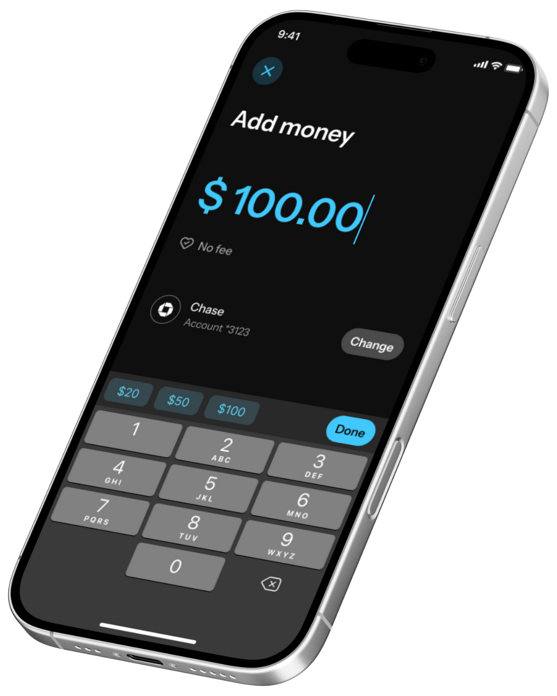 A person adds $100.00 to an account using a phone app.