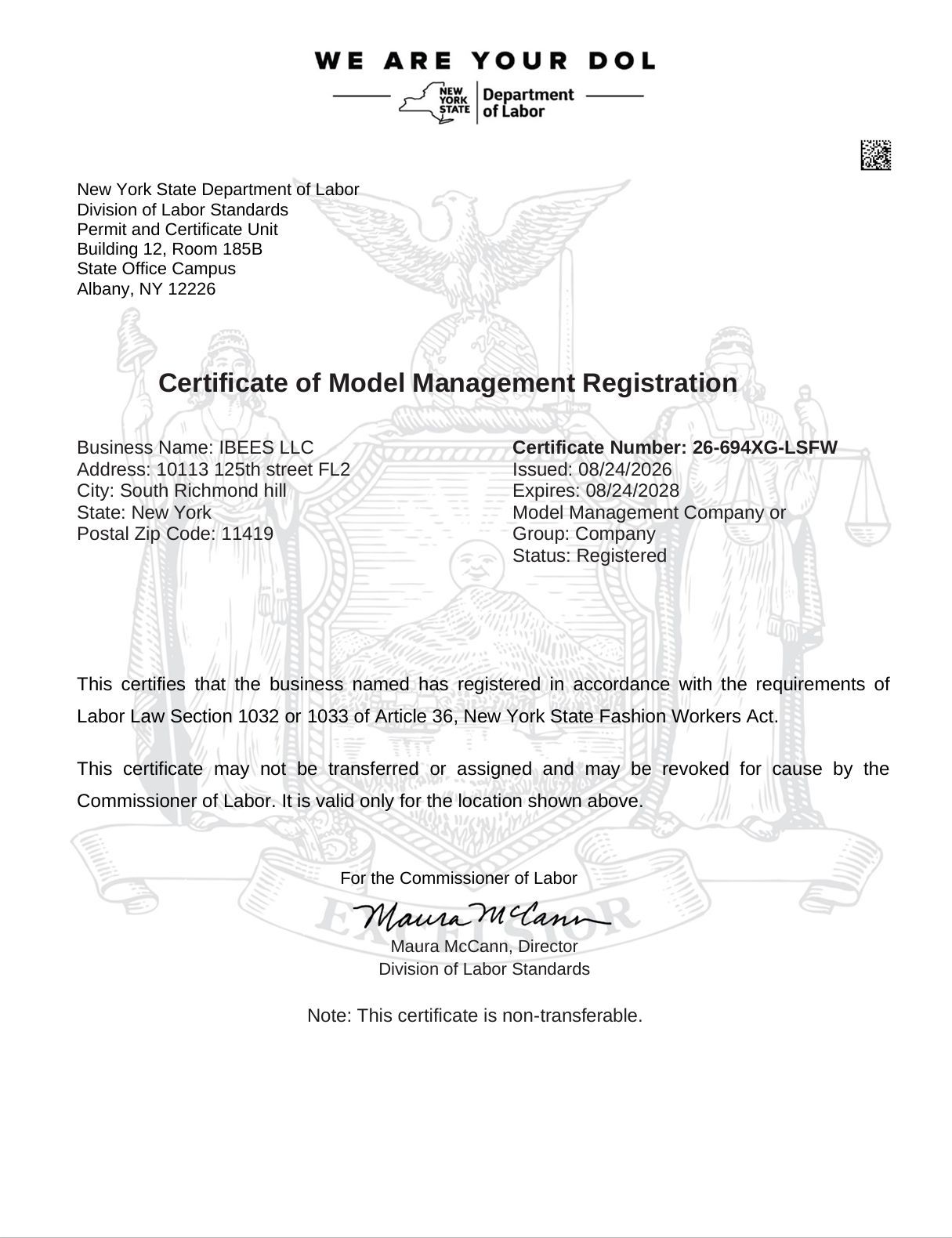 Certificate of Model Management Registration on white paper with logo and text blocks